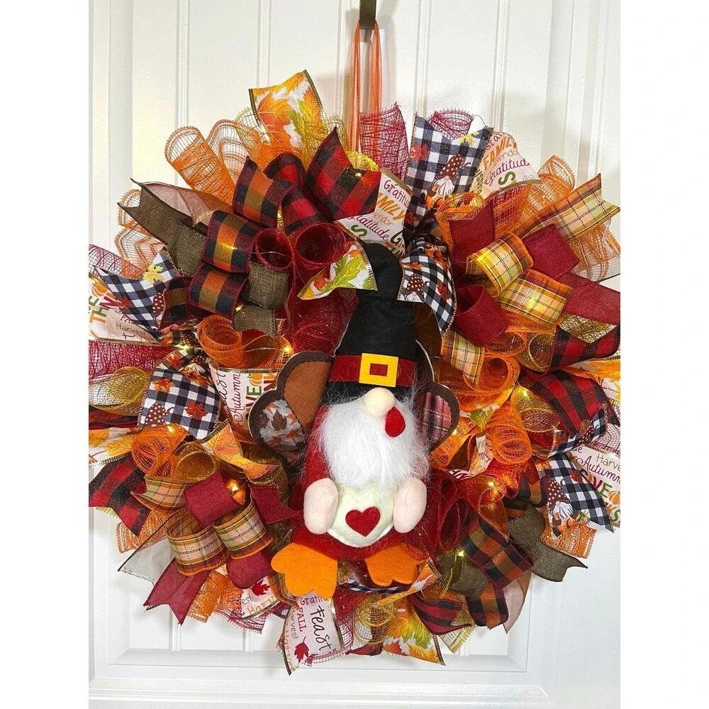 Handmade Thanksgiving Turkey Gnome Ribbon Welcome Door Wreath Leaf 22 in LED